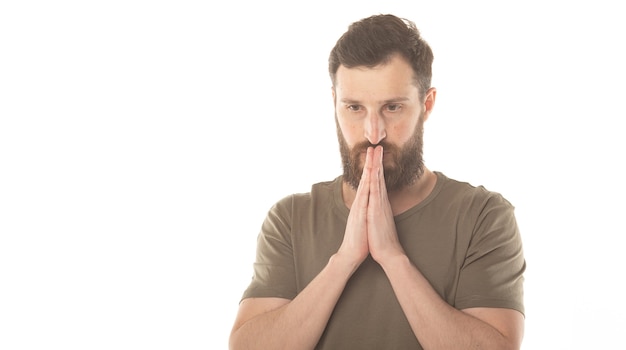 Picture of young bearded man dressed casually isolated