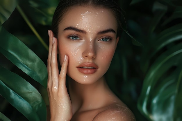 Photo a picture of a young beautiful woman in tropical foliage with perfect smooth skin