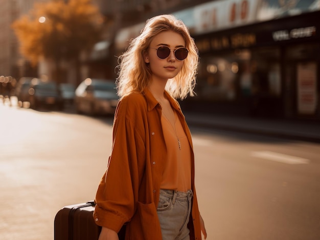 Picture of young girl pulling a suit case generative AI