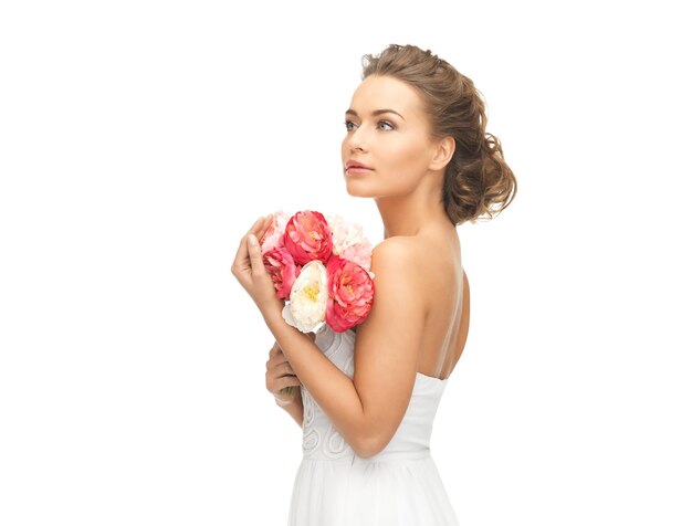 picture of young woman with bouquet of flowers.