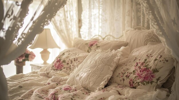 Photo a pictureperfect bedroom featuring a bed adorned with a lacy canopy accompanied by soft floral bedding and fluffy pillows