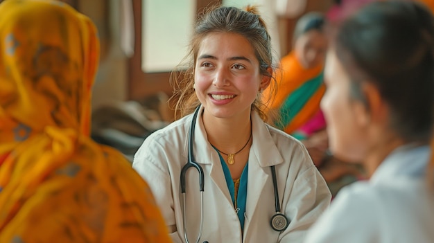 pictures of committed medical staff members engaging with patients in a caring manner in remote areas