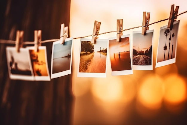 Pictures hung on a wooden line in sunlight with a dark beige and amber color scheme Generative AI