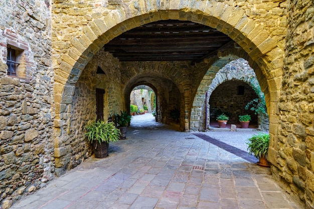 Picturesque alley with stone houses and arched passageway with green plants on the ground Monells Girona Spain