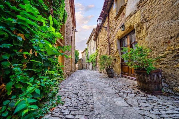 Picturesque alley with stone houses and cobblestone floor plants and vines at golden sunset Peratallada Girona Catalonia