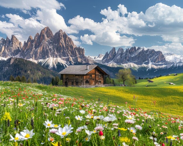 Picturesque alpine landscape sunny spring meadows in the alps with vibrant blooming flowers