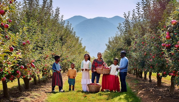 Photo a picturesque apple orchard with families picking ripe apples amidst rows of fruitladen trees