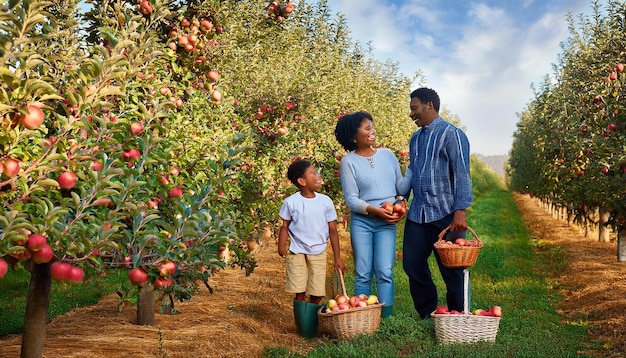 Photo a picturesque apple orchard with families picking ripe apples amidst rows of fruitladen trees