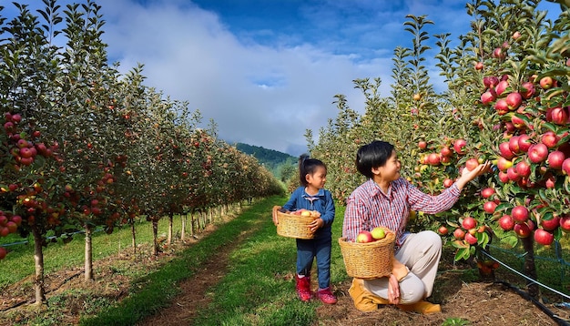 A Picturesque Apple Orchard with Families Picking Ripe Apples Amidst Rows of FruitLaden Trees