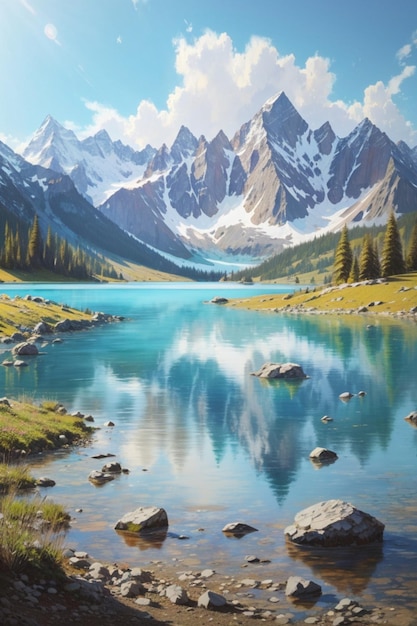 A picturesque artwork depicting a mountainous lake adorned with trees and rocky formations