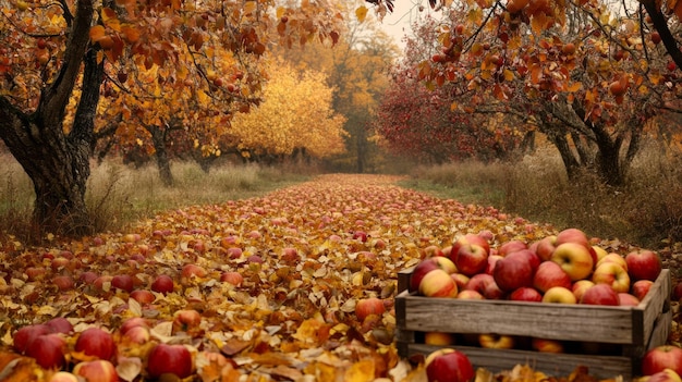 Photo a picturesque autumn apple orchard scene with rows of apple trees stretching out into the distance