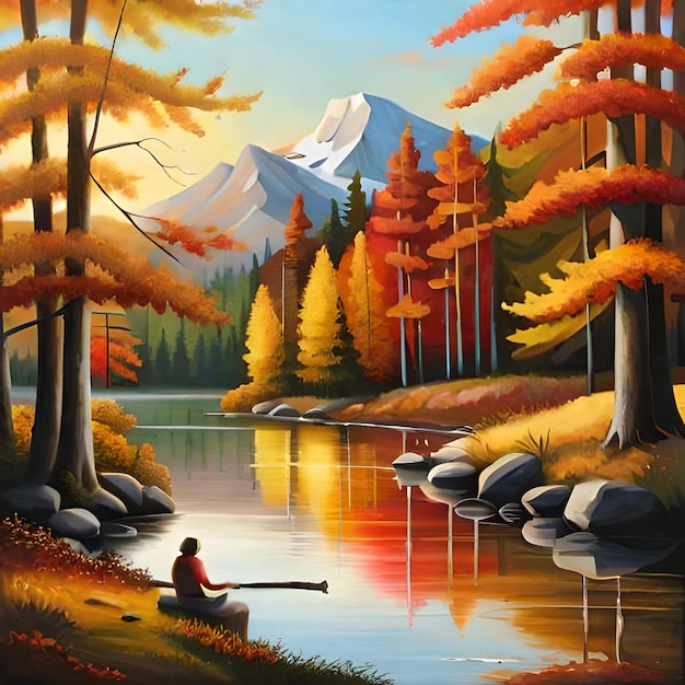 A picturesque autumn landscape with vibrant foliage painted in shades of red orange and yellow