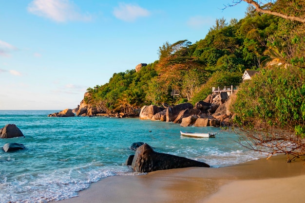 picturesque bright sunset landscape beach in Seychelles nanure background