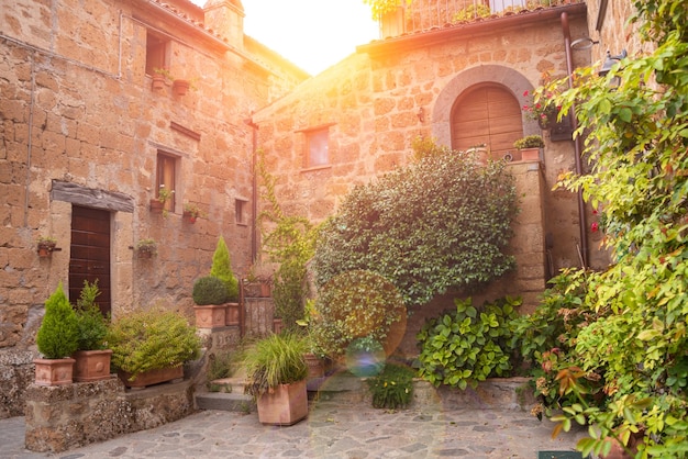 Picturesque building in medieval town in Tuscany Italy Old stone walls and plants