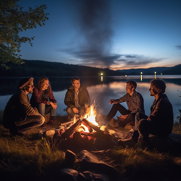 A picturesque camping site in nature with tents and campfire professional photography