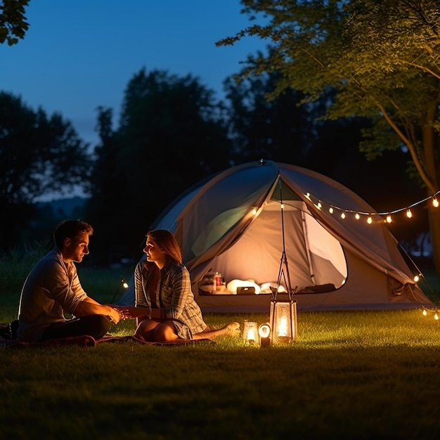 A picturesque camping site in nature with tents and campfire professional photography