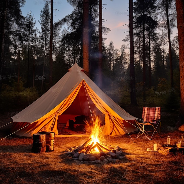 A picturesque camping site in nature with tents and campfire professional photography