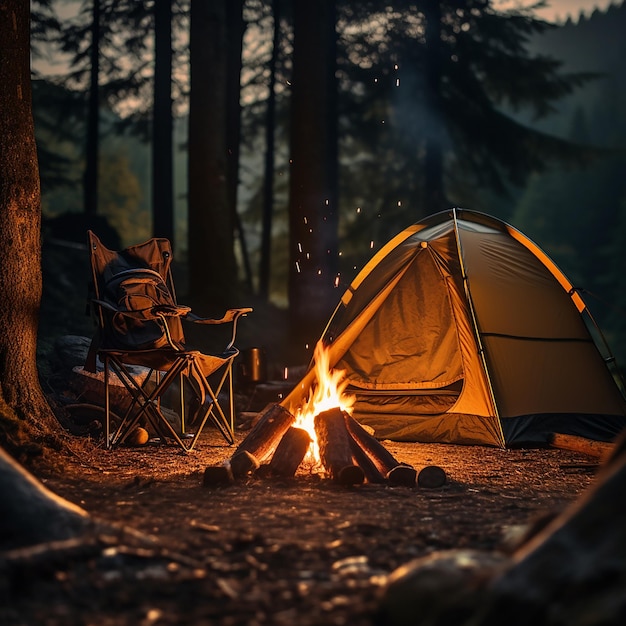 A picturesque camping site in nature with tents and campfire professional photography