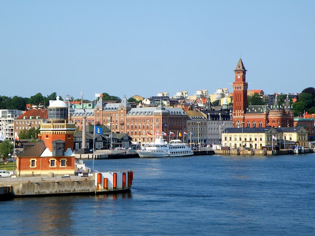 Picturesque cityscape of Helsingborg view from ferry on The Sound or Oresund strait, Helsingborg