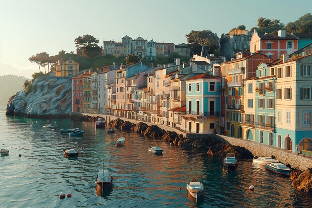 A picturesque coastal town with colorful buildings