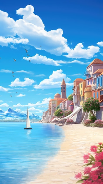 A picturesque coastal town with colorful houses a sandy beach and sailboats