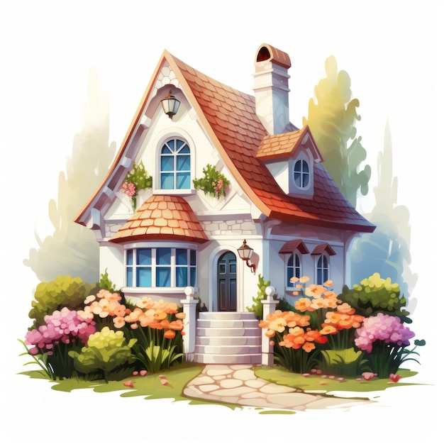 A picturesque cottage with a welcoming front porch and blooming garden beds Generative AI