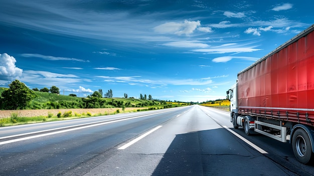 Picturesque countryside view of semi truck with cargo container driving on asphalt road with scenic rural landscape and blue sky with clouds in the background