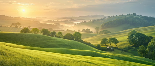 Picturesque countryside with rolling hills and farms