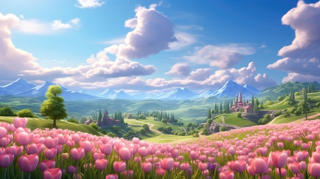 A picturesque countryside with rolling hills and fields of tulips