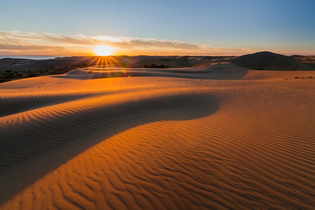 Picturesque desert landscape with a golden sunset over the dunes