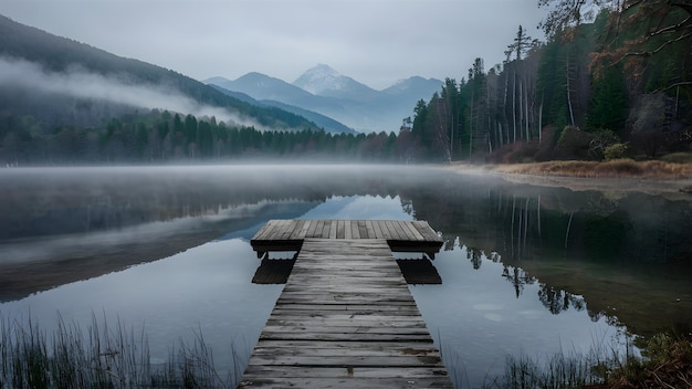 A picturesque dock atop a serene lake surrounded by lush forests and majestic mountains