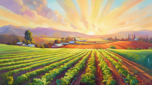 Picturesque Farming Farmland Sunset Oil Painting Rural Landscape