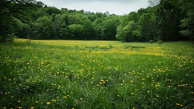 A picturesque field featuring an array of yellow flowers dotting the lush green grass with a spring park in the background showing subtle patches of melting snow the scene transitions into a forest