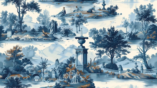 Photo picturesque french garden scenes depicted in elegant toile de jouy textile print with chateau statue