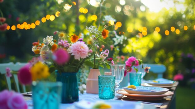 A picturesque garden party with colorful table settings flowers and fairy lights