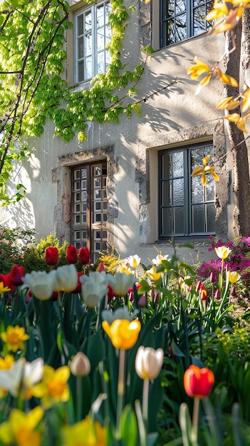 Photo a picturesque garden with tulips and daffodils flowers