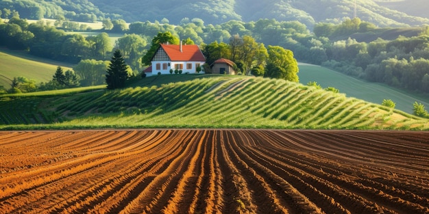 Photo picturesque house on a hill with a vast plowed field and green landscape in the background