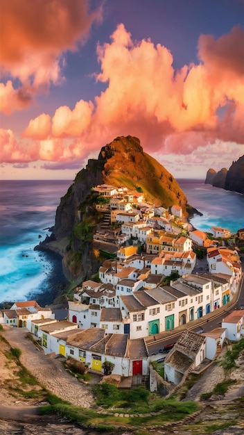 Picturesque idyllic coastal villages of Madeira island Porto da Cruz panoramic view