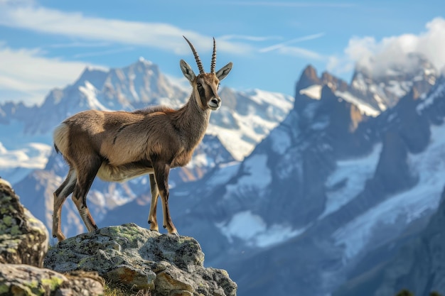 A picturesque image of a chamois standing on a rocky ledge in the Alps