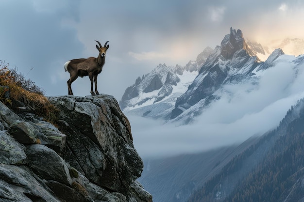 Photo a picturesque image of a chamois standing on a rocky ledge in the alps