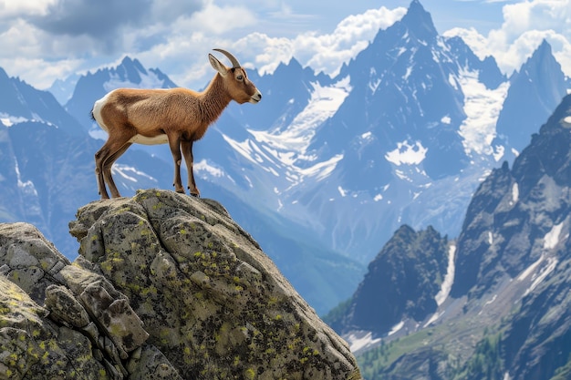 A picturesque image of a chamois standing on a rocky ledge in the Alps