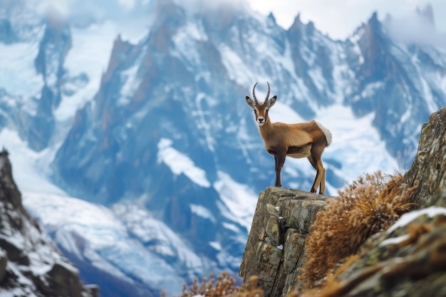 A picturesque image of a chamois standing on a rocky ledge in the Alps