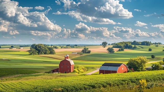 Photo picturesque iowa farm and fields under stunning cloudscape