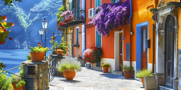 Picturesque Italian Coastal Town Terraced Houses Flowers and Mediterranean Charm Concept Italian Coastal Terraced Houses Flowers Mediterranean Charm