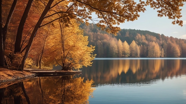 Picturesque lake with autumn foliage reflected