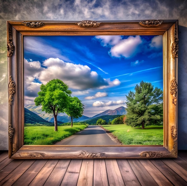 A picturesque landscape framed in a rustic wooden frame depicting a winding road through a valley surrounded by lush trees and rolling hills under a dramatic blue sky