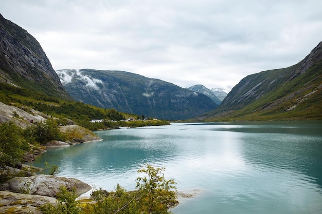 Picturesque landscape mountains of Norway Beautiful view of the lake Travelling lifestyle