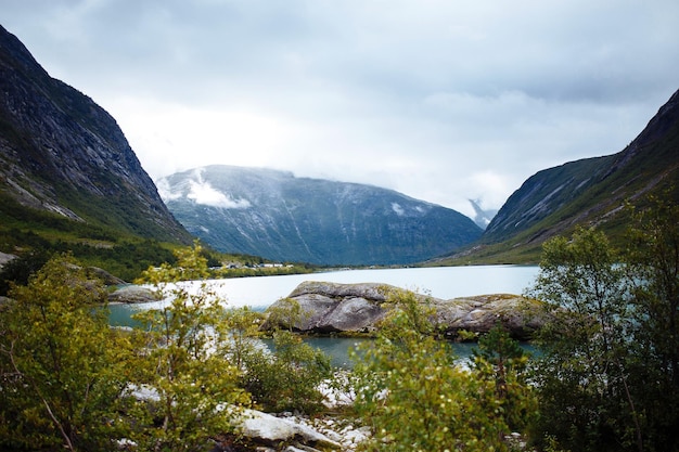 Picturesque landscape mountains of Norway Beautiful view of the lake Travelling lifestyle