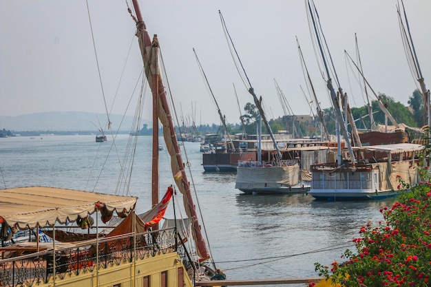 The picturesque landscape of the Nile River near the city of Luxor, Egypt.