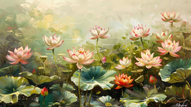 A picturesque landscape with a field of lotus flowers in full bloom their vibrant colors painting a breathtaking panorama of natural beauty and harmony